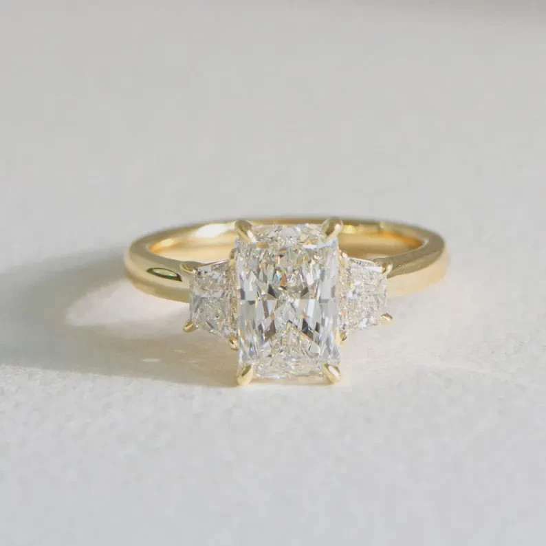 5CT Radiant Cut Real Moissanite 3-Stone Engagement Ring 14k Yellow Gold Plated