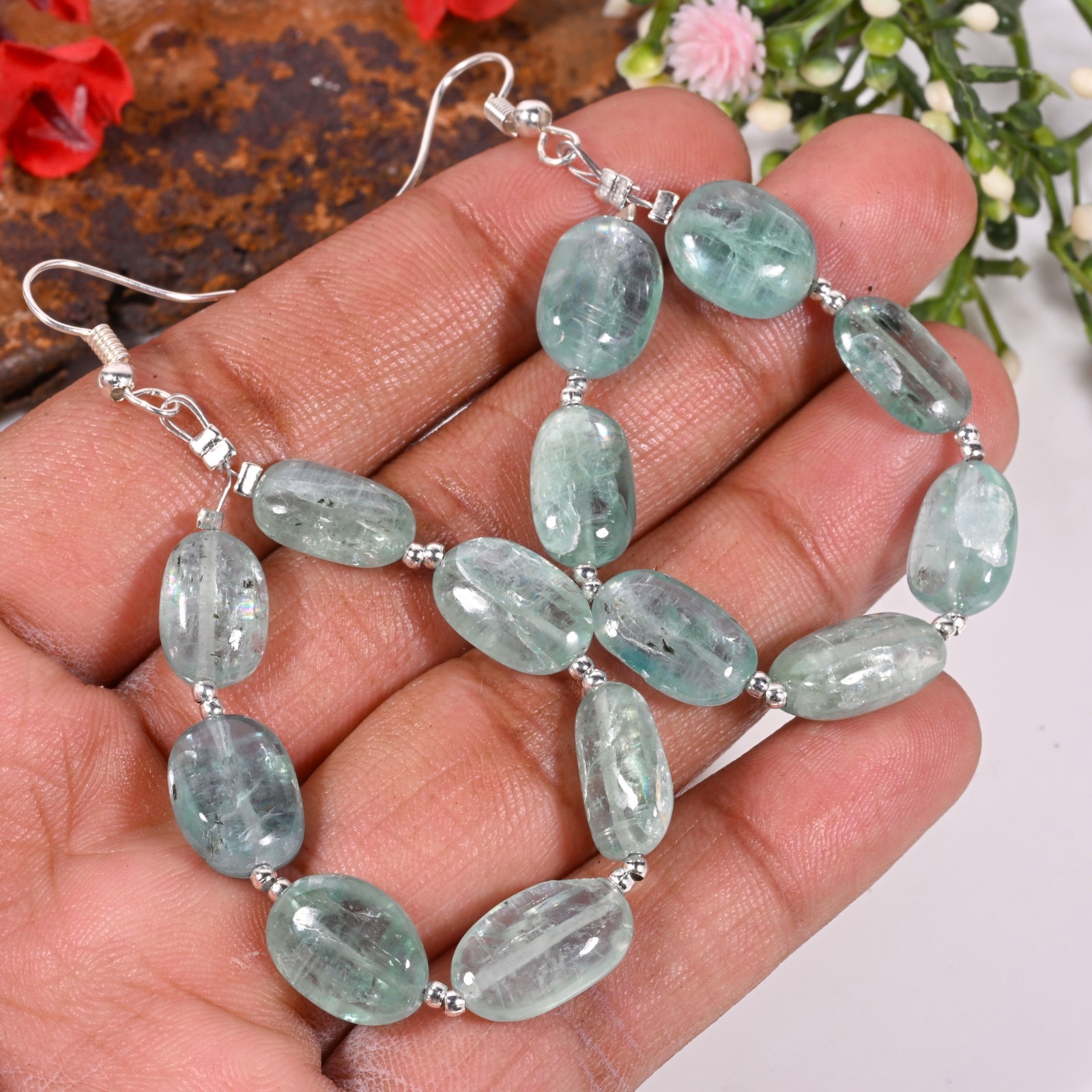 Natural Aqua Kyanite Dangle Earrings Handmade Tumbled Gemstone Beads