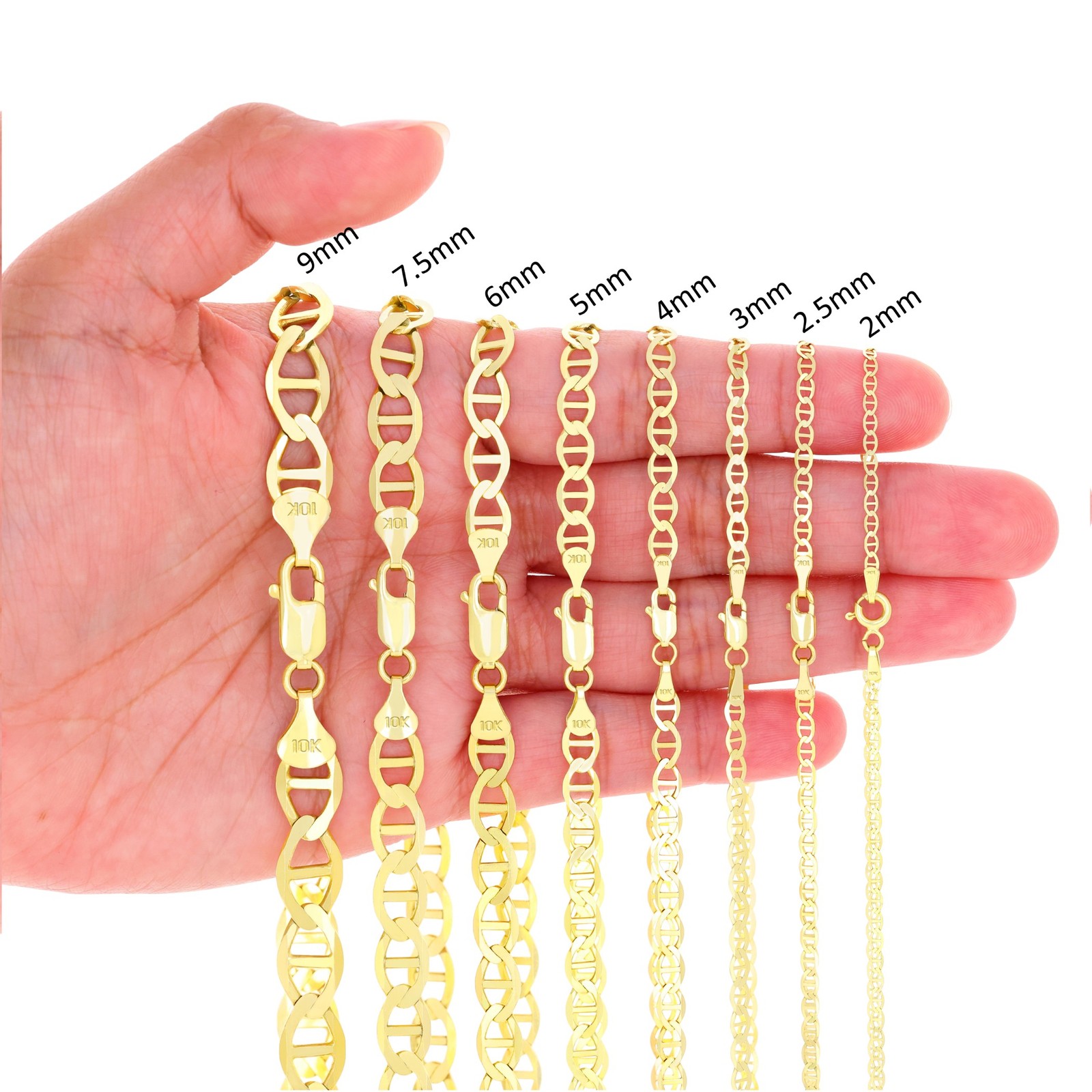 10K Yellow Gold Solid 2mm-9mm Mariner Anchor Flat Link Pendant Necklace 16″- 30″