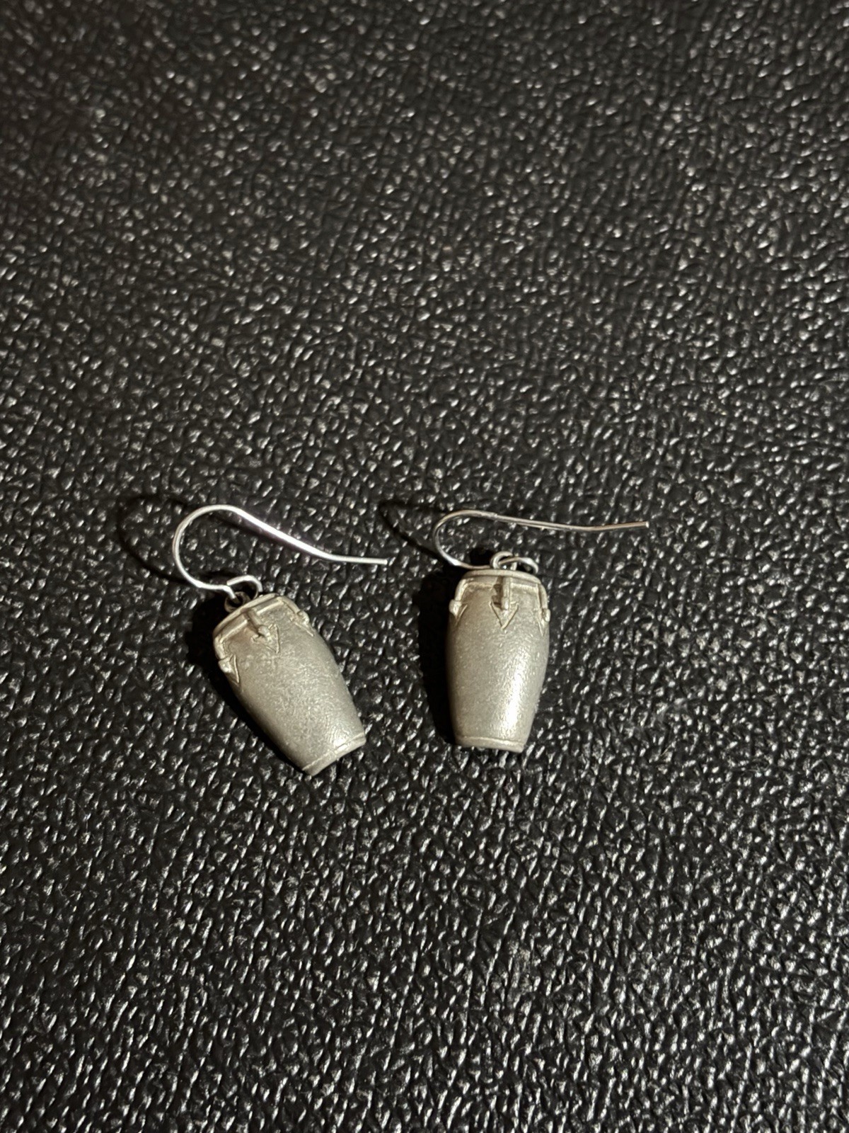 Clift Signed Silver Tone Pewter Stamped Drum Dangle Drop Hook Earrings