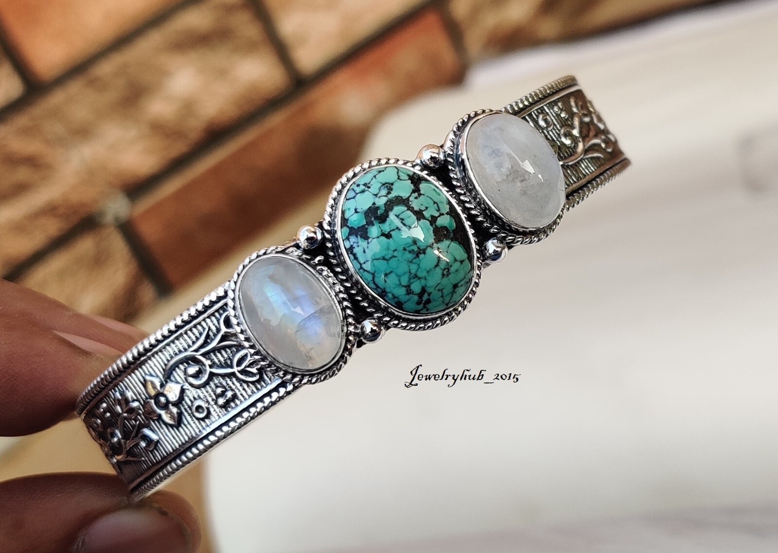 Tibetan Turquoise Gemstone Bangle 925 Sterling Silver Handmade Jewelry MO5245