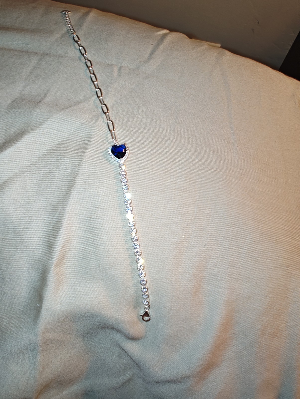 Adjustable .925 sterling silver bracelet blue stone paperclip & tennis band a13