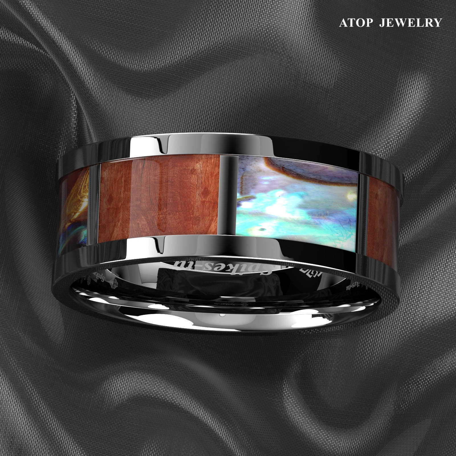 ATOP Men Silver Tungsten Wedding Ring Real Wood Abalone Shell for Beach Memories