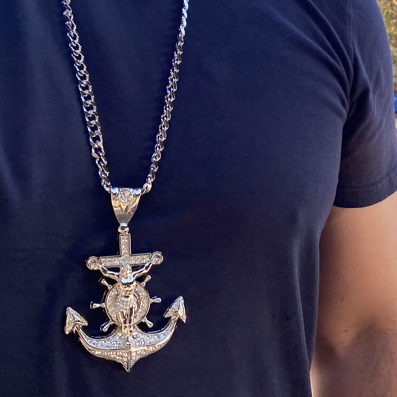 Mens Huge Large Mariners Cross Jesus Anchor Cuban Hip Hop Chain Silver Tone 30″
