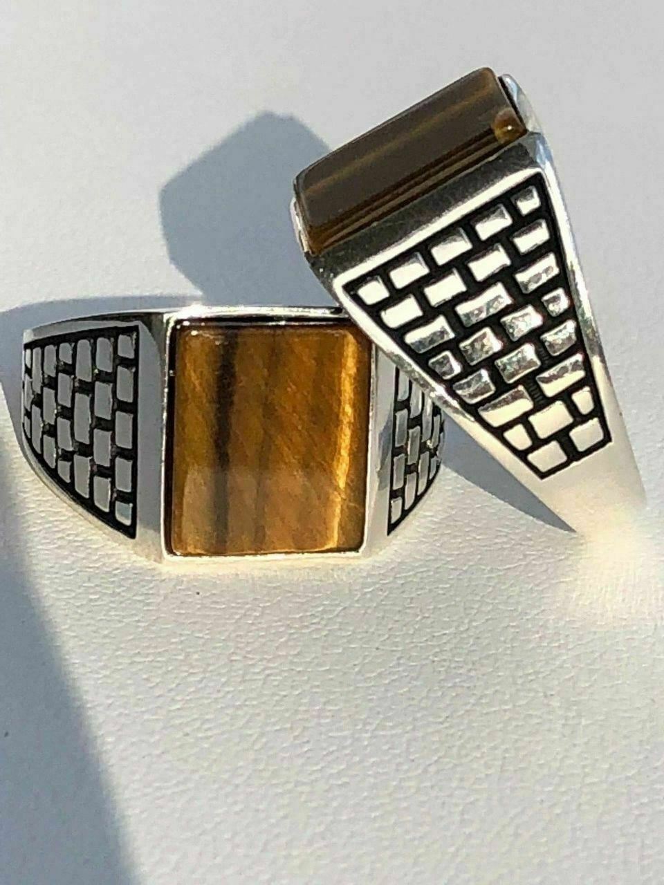 Mens Real Solid 925 Sterling Silver Tiger Eye Square Ring Size 7 8 9 10 11 12 13