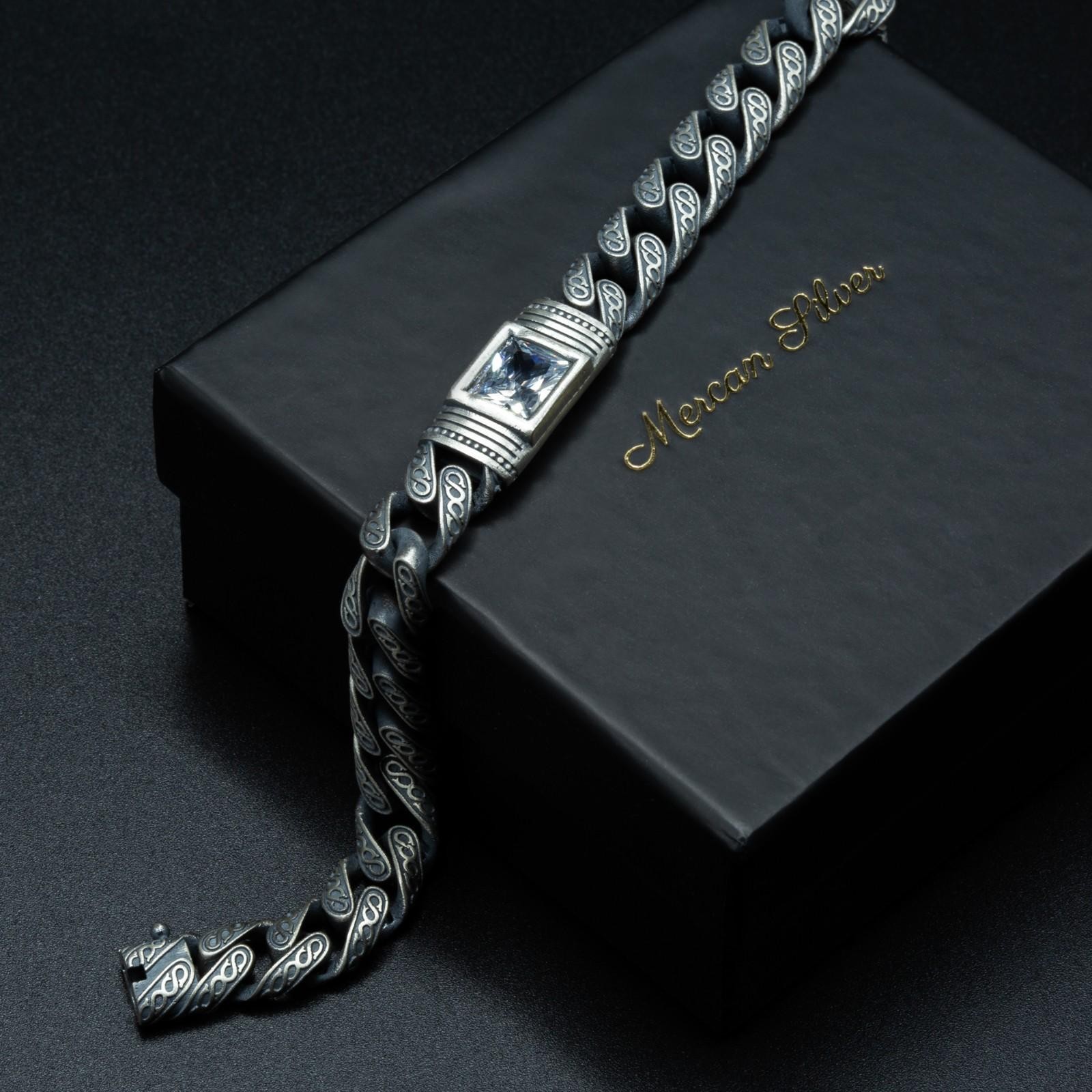 Engraved 925 Sterling Silver Moissanite Gemstone Men’s Cuban Chain Bracelet