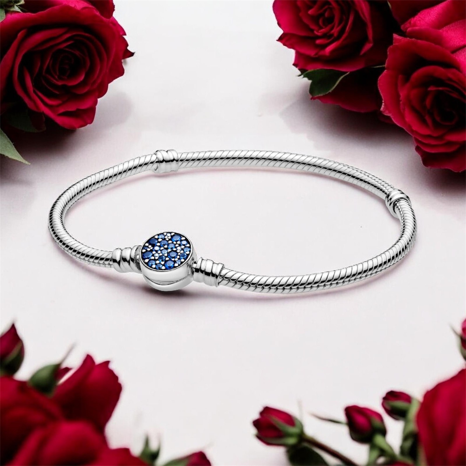 NEW Authentic PANDORA Silver Bracelet Blue Disc Clasp Charm Bracelet 599288C01
