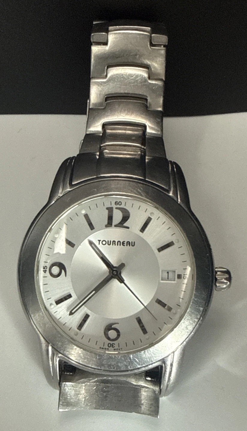 Tourneau Swiss Quartz Watch Date Indicator 37mm All Stainless Steel Wristwatch