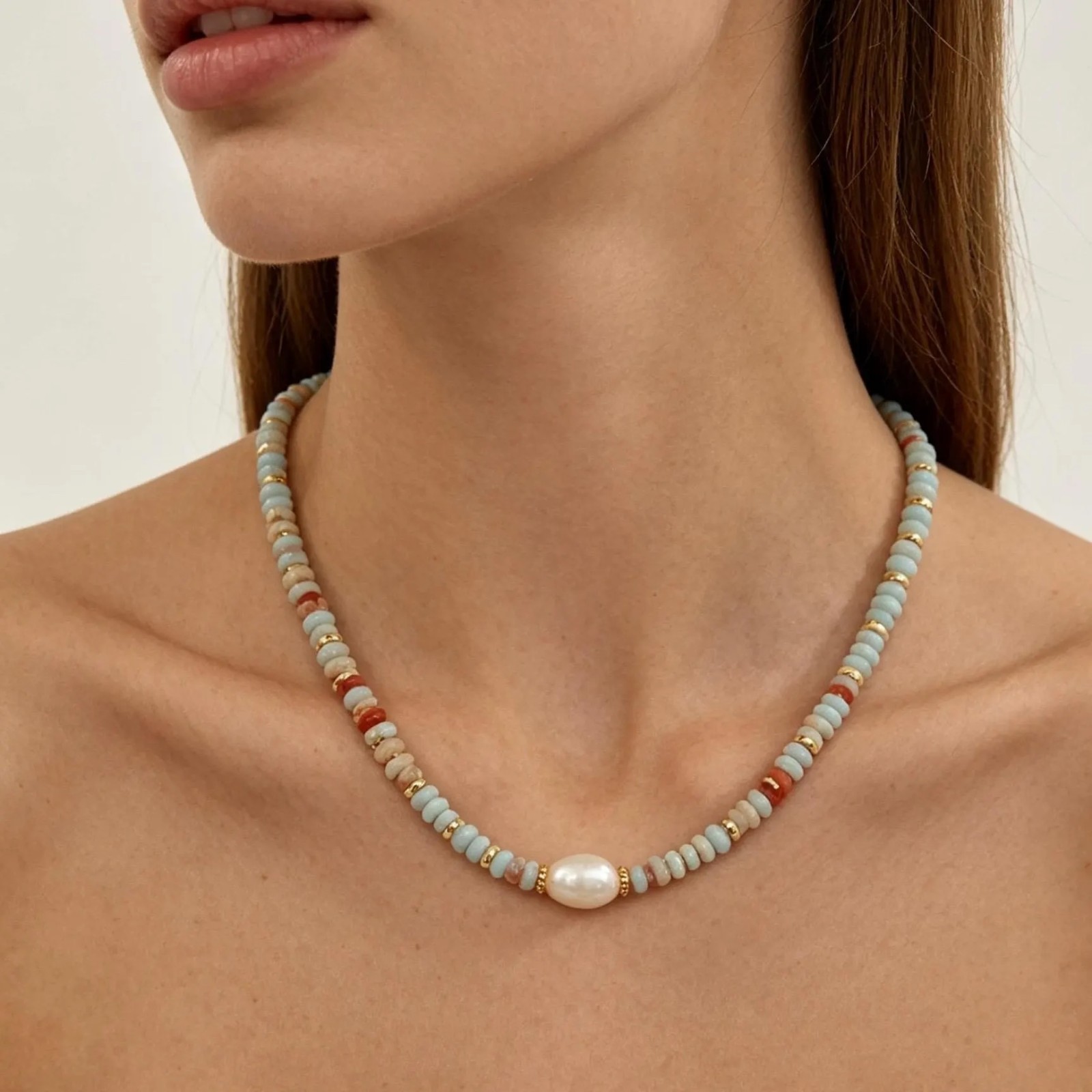 Dainty Freshwater Pearl & Light Blue Stone Beaded Necklace