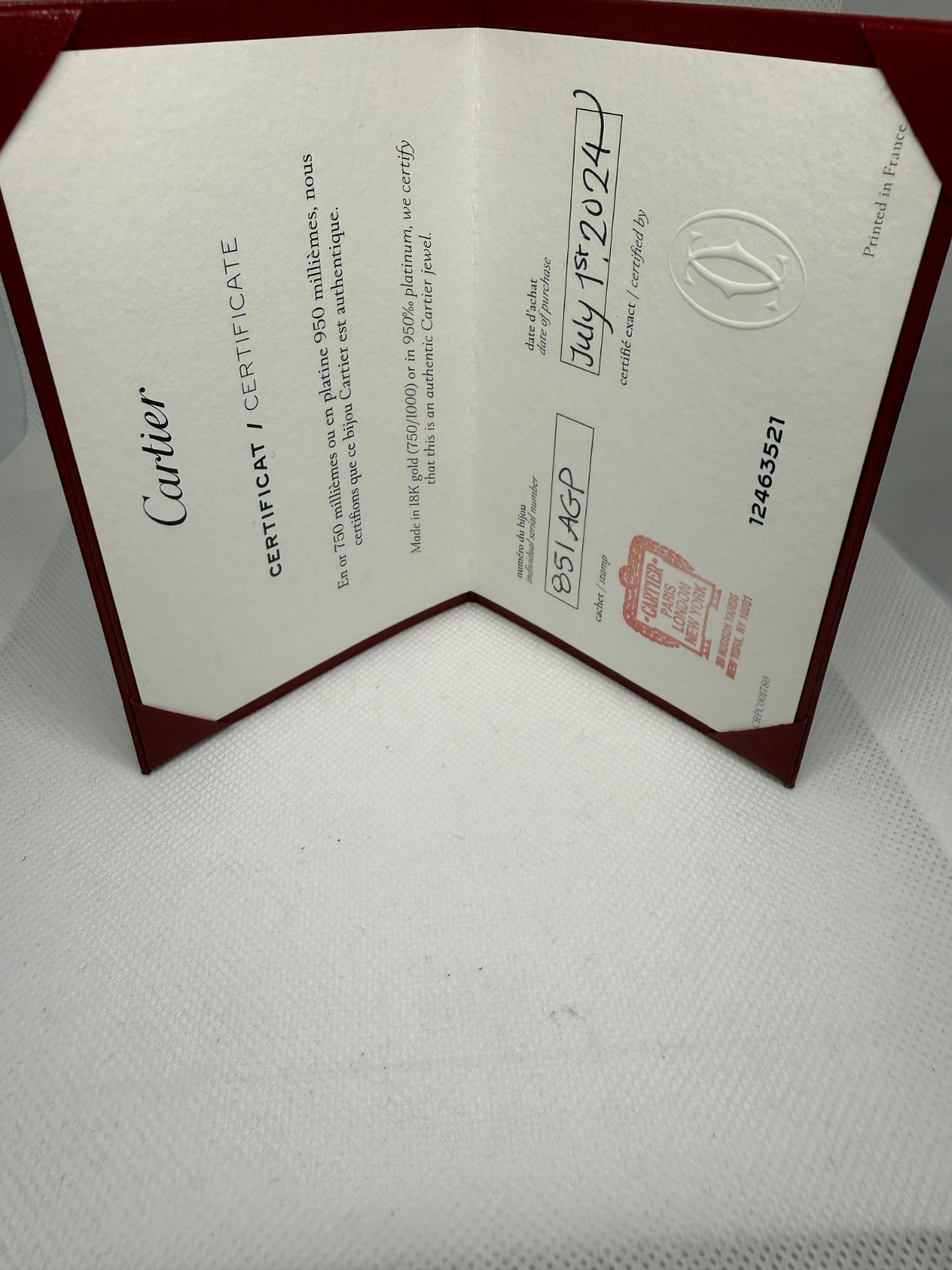 Cartier Guarantee Certificate Warranty 18k gold750/1000 platinum