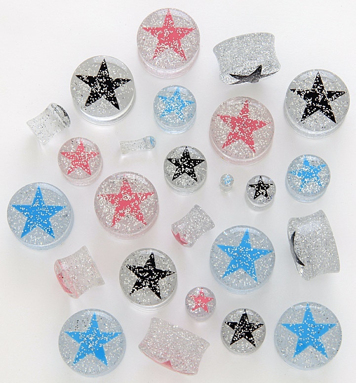 1 Pair 2g 6mm Clear Acrylic Glitter Black Star Saddle Plugs Ear Gauges Flared