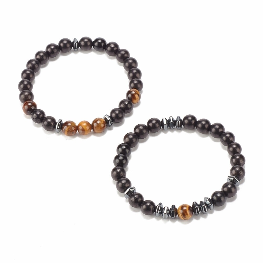 2pcs Energy Healing Stretch Bracelet Hematite Tiger Eye for Men Women Bead T56