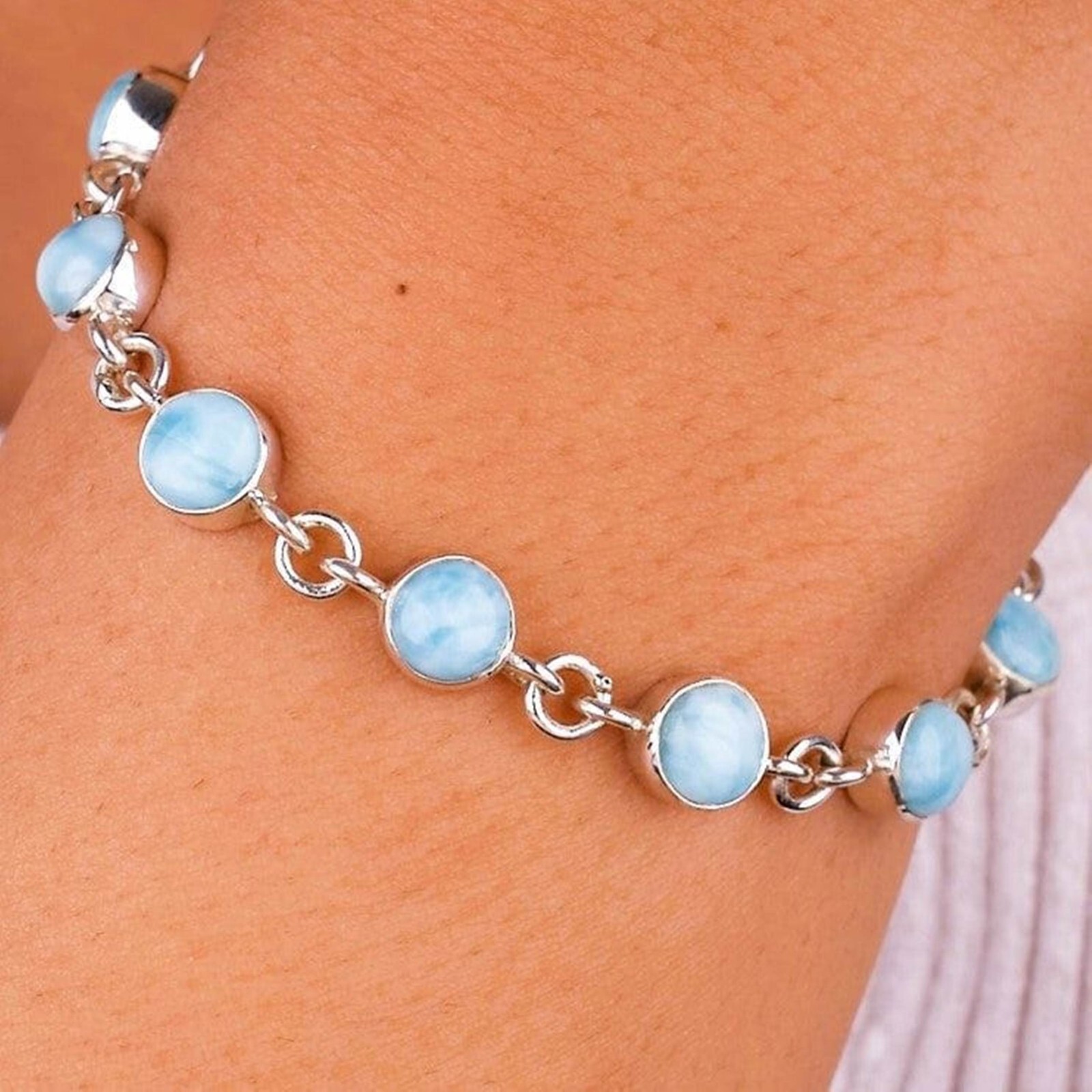 Natural Larimar Bracelet 925 Sterling Silver Designer Bracelet Gift MO**