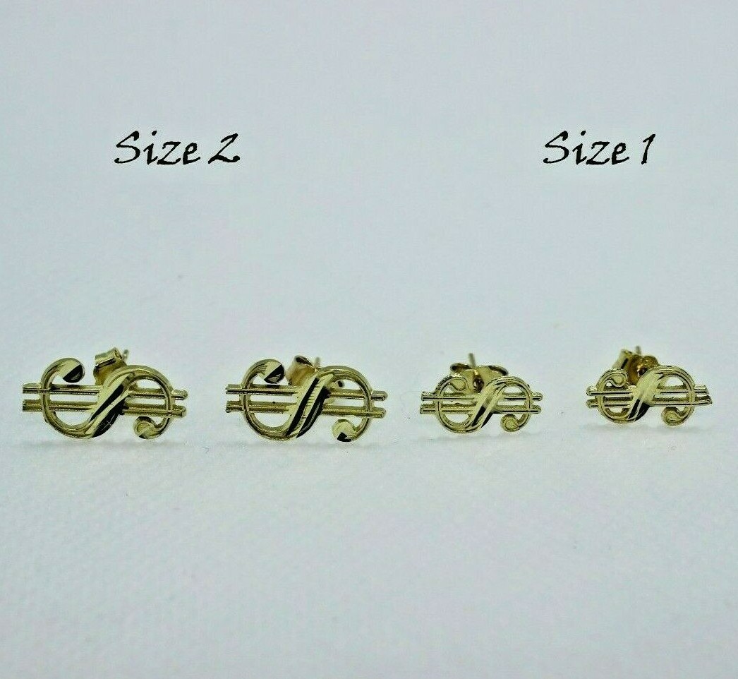 10K Solid Yellow Gold Dollar $ Sign Money Stud Earring Push Back 2 Size