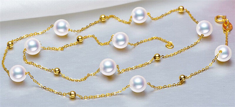 18K Solid Gold Real White Japanese Akoya 6-6.5mm Pearl Necklace Fine Jewelry