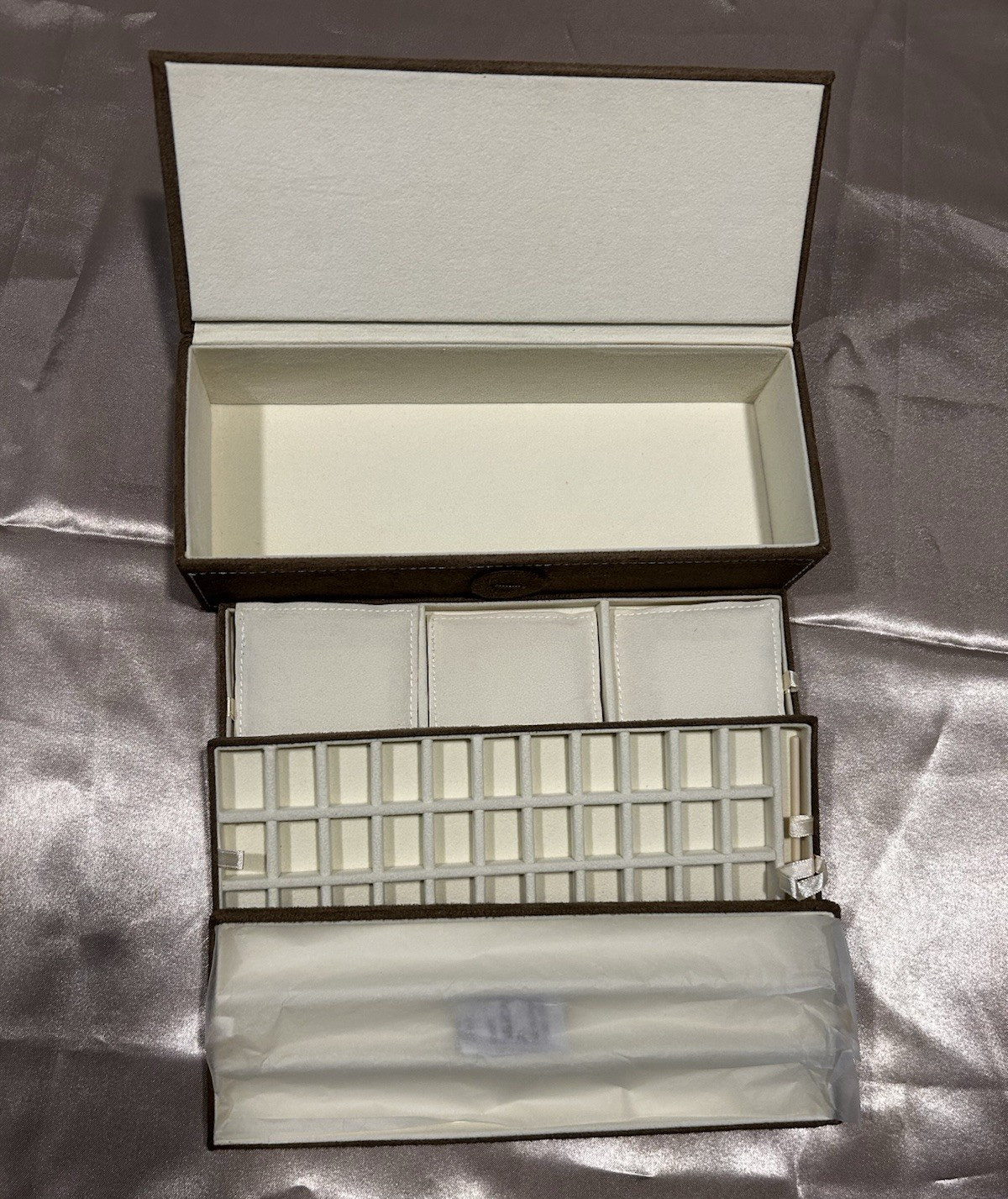 PANDORA Travel Jewelry Box 3-Tier Organizer – W/ Tool & Sealed Cloth Brown