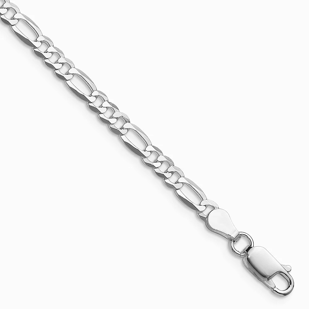 Sterling Silver RH-Plated 4.0mm Lightweight Flat Figaro Chain Bracelet 7″-9″