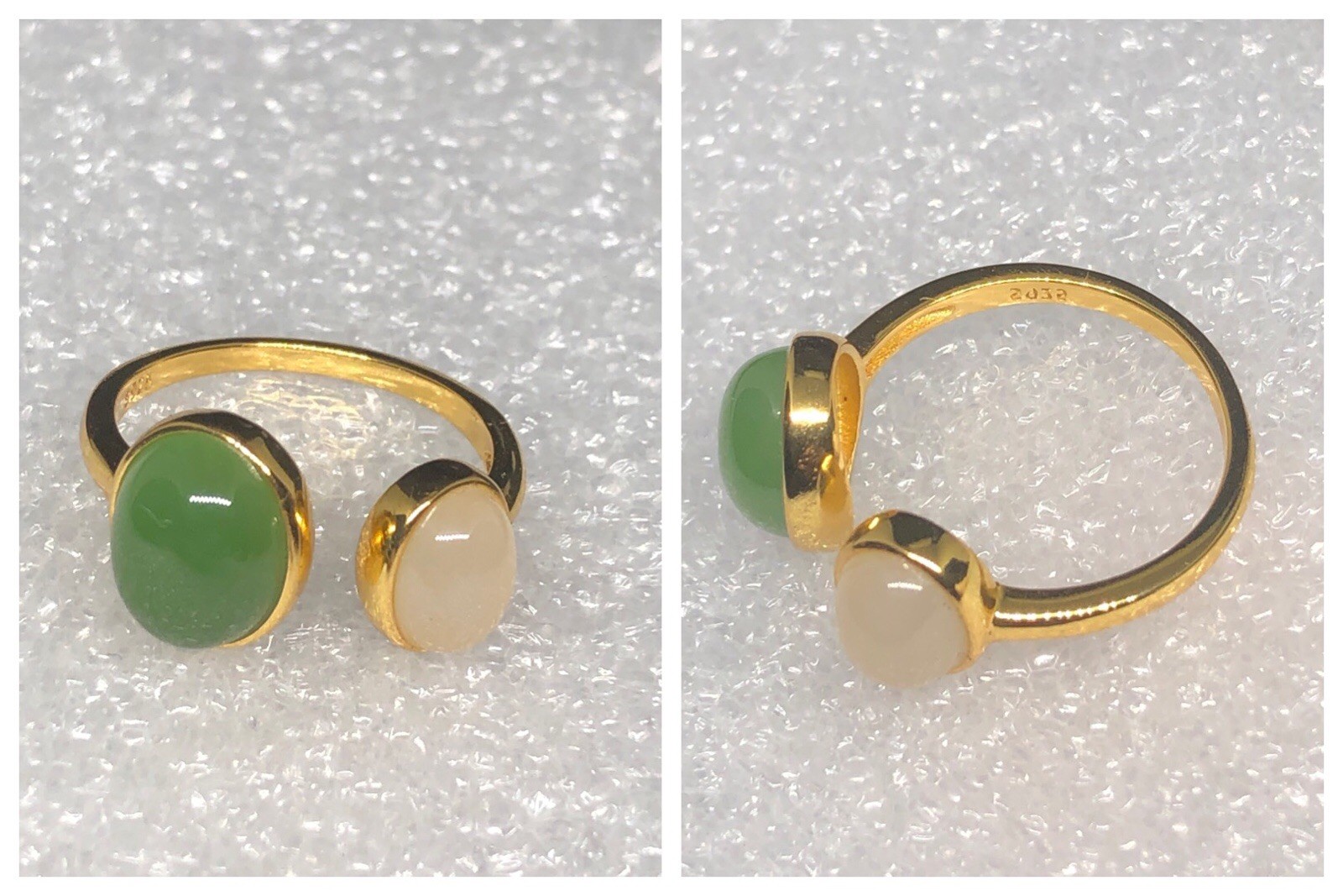 Adjustable Open Ring Gold Tone Hetian Green Pink Cabochon Bezel Fashion