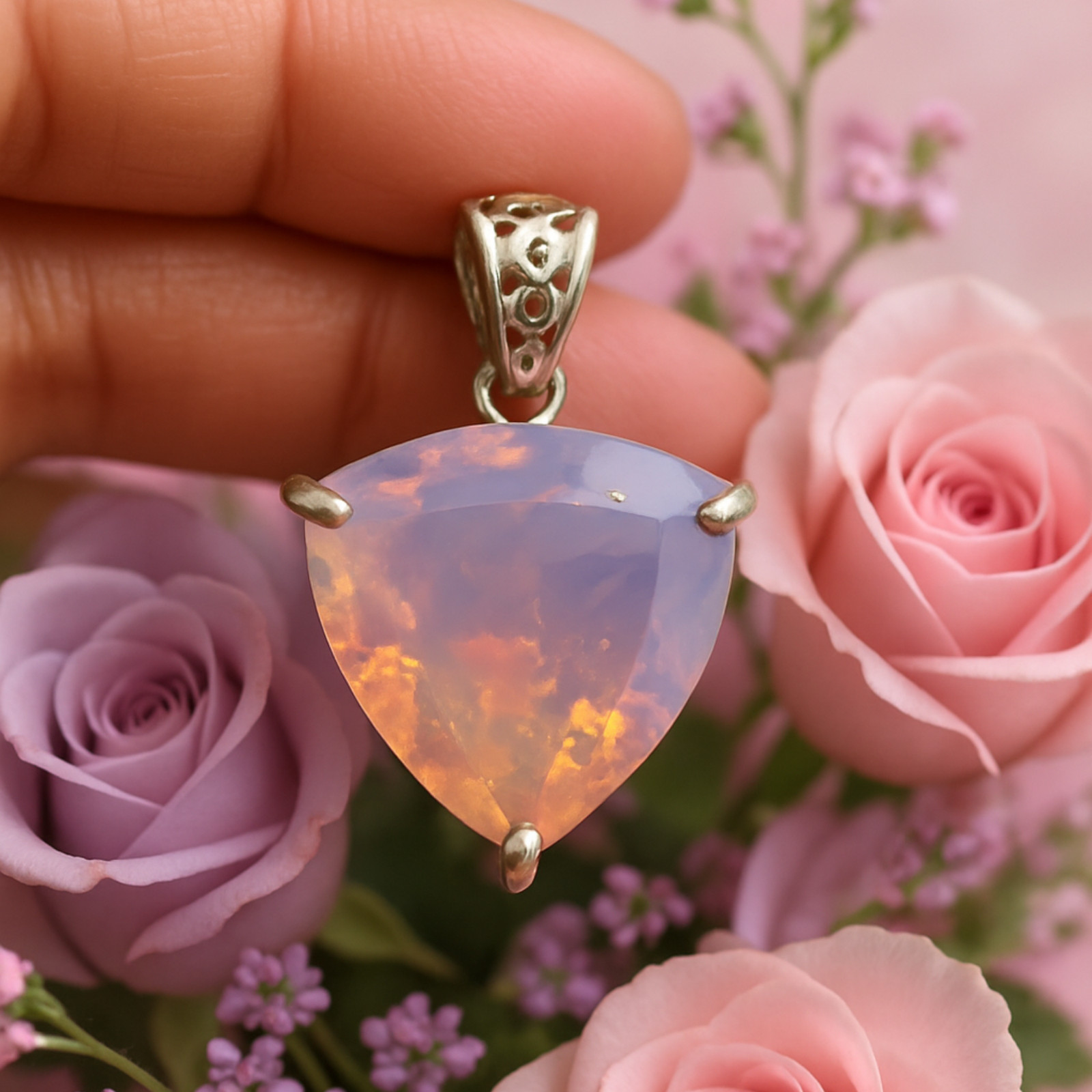 Handmade Pink Opal Trillion Cut Gemstone Pendant Natural Jewelry with Free Chain