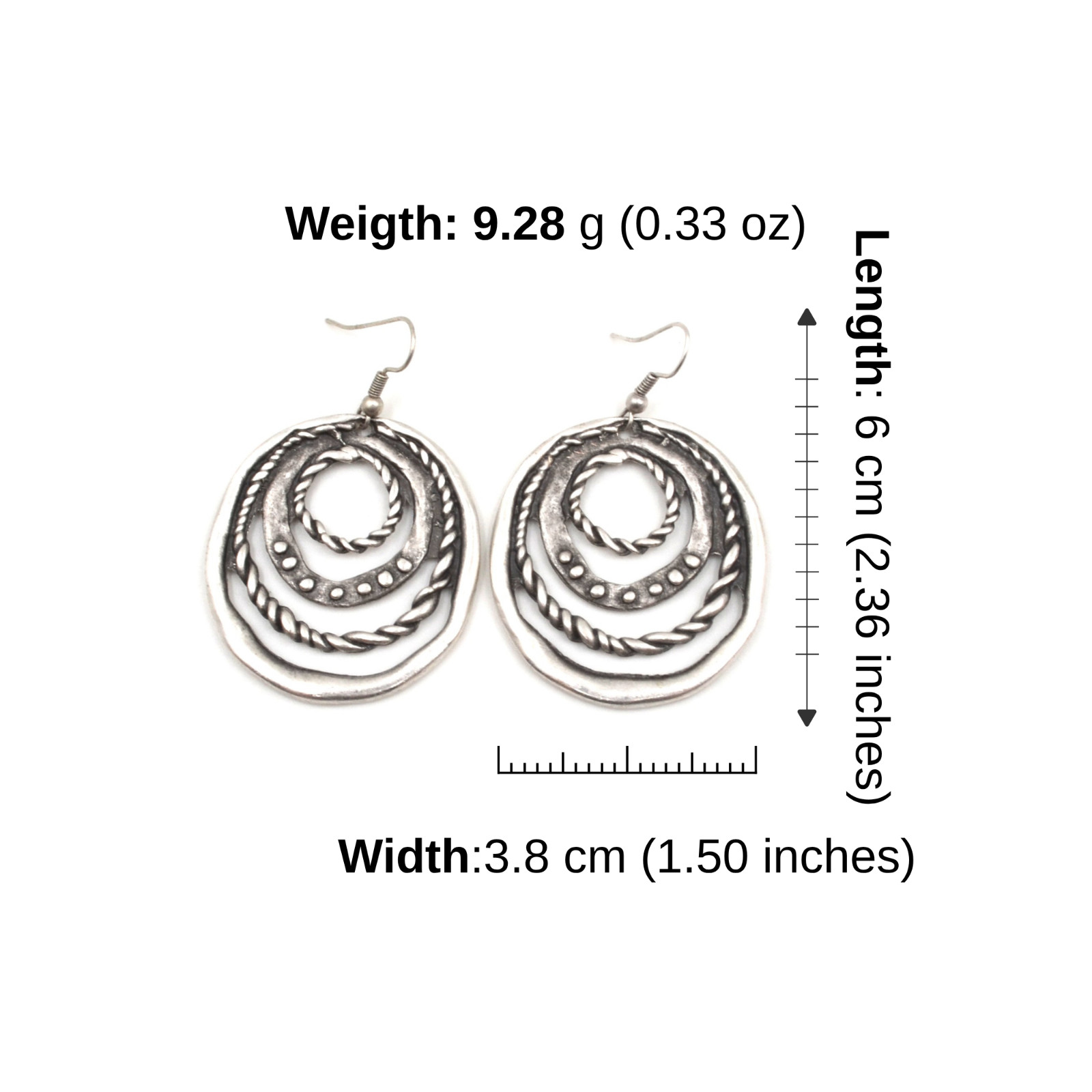 Ancient Silver Labyrinth Hoop Dangle Earrings Boho Tribal Concentric Circles