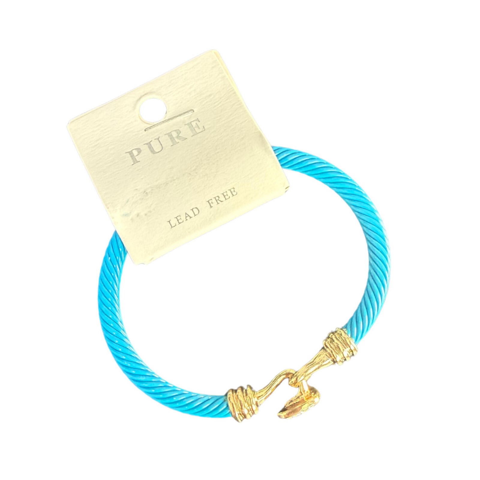 Blue cable cuff bracelet with gold accents and a crystal‑decorated end.