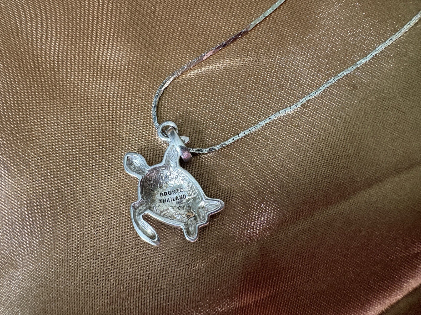 Sea Turtle Charm Pendant Necklace Silver Toned Stainless Chain Bronze Thailand