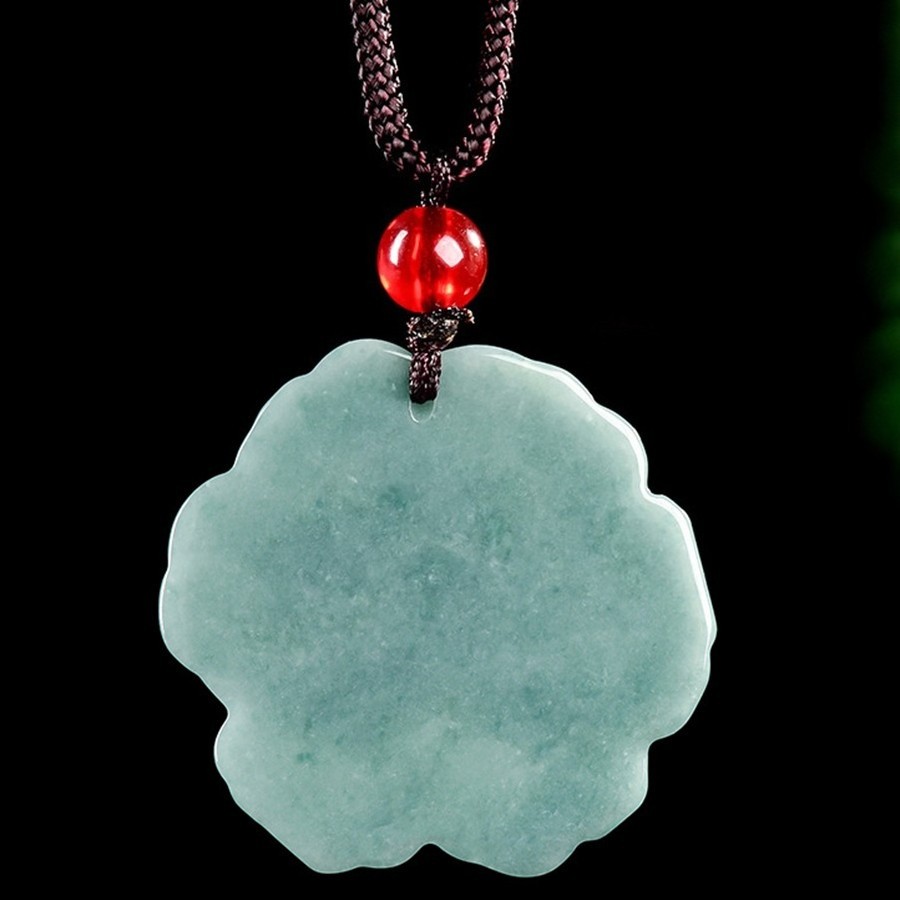 Certified Green Natural A Jade jadeite Carved Peony Flower Luck Pendant Necklace