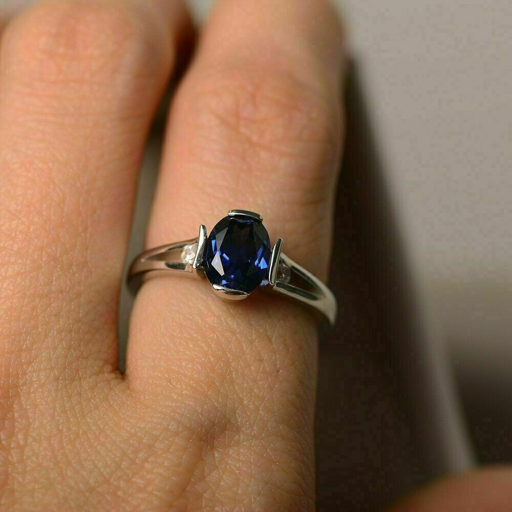 1.50Ct Lab Created Oval Blue Sapphire Engagement Ring 14K White Gold Finish