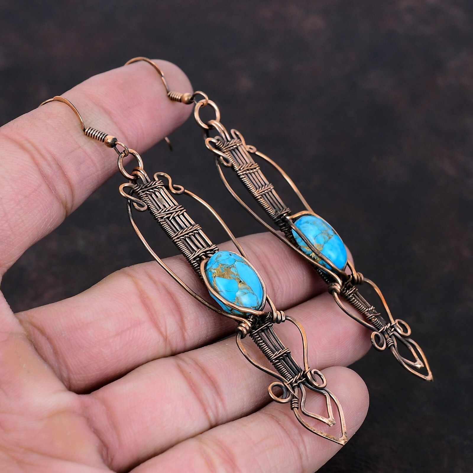 Gift For Her Blue Turquoise Wire Wrapped Drop/Dangle Earrings Copper 3.82″