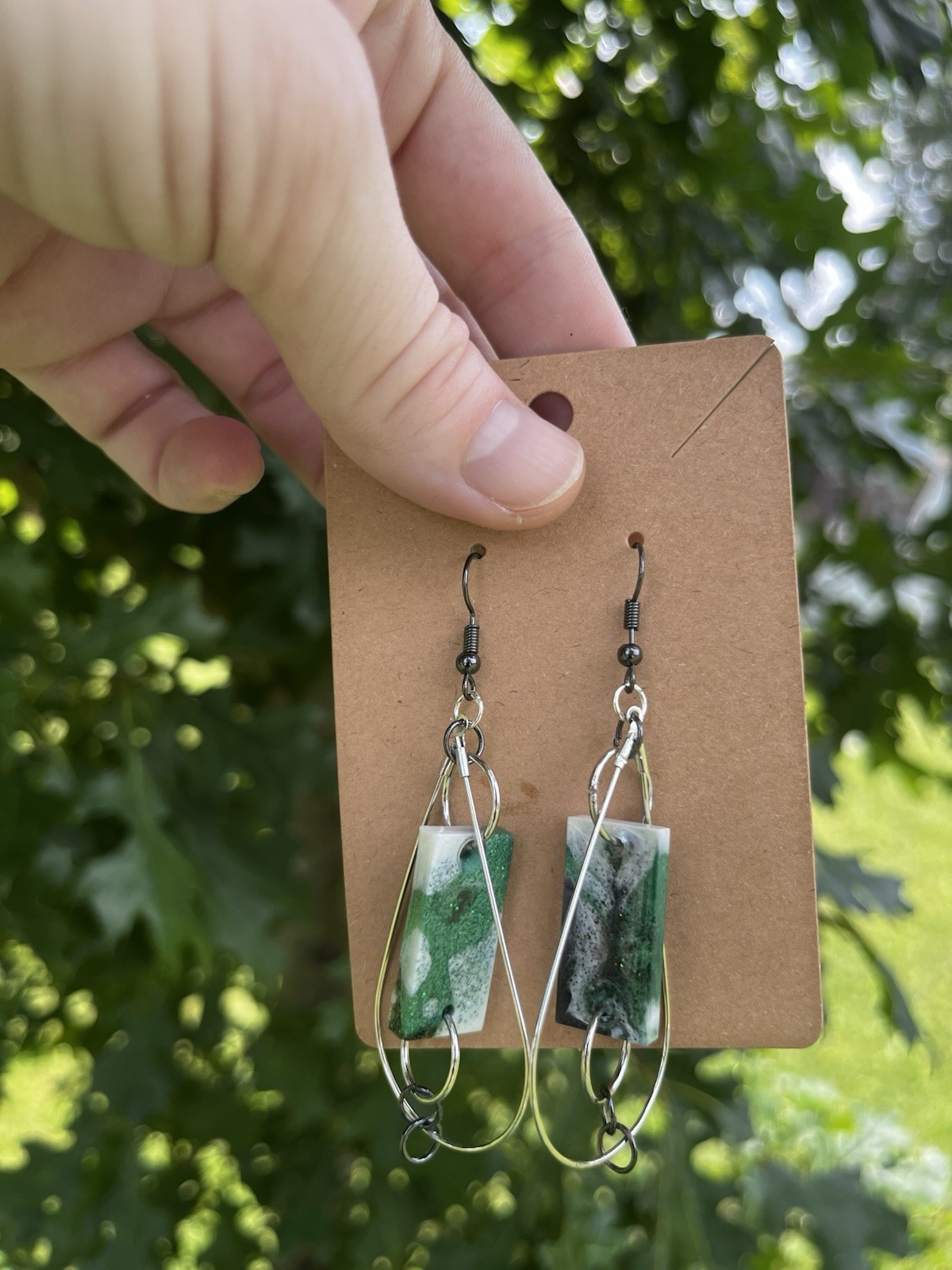 Green White Silver Tone Metal Teardrop Dangle/Drop Earrings with Hook Closure