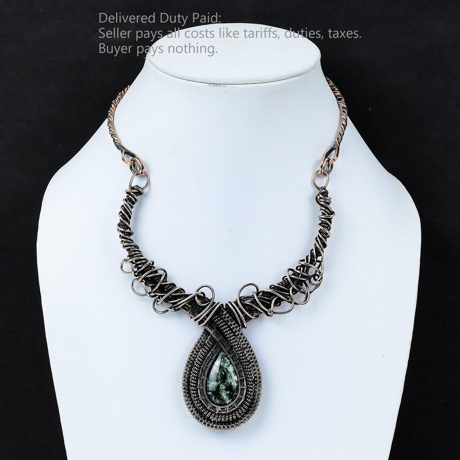 Natural Seraphinite Sister Handmade Wire Wrapped Artisan Chain Necklace Copper