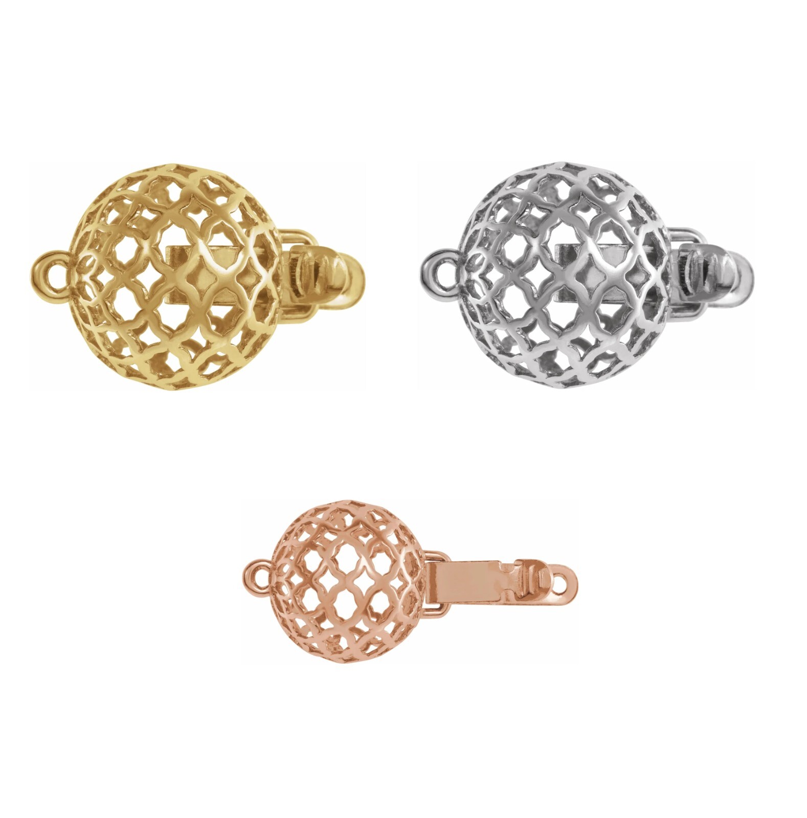 14K Rose-White-Yellow Gold Cage-Style Pearl Bead Ball Clasp String Chain Strand