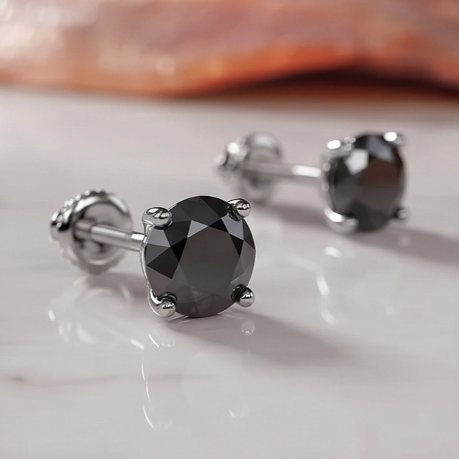 Natural Black Diamond Stud Earrings Martini Setting 14K Gold ScrewBack Men Women