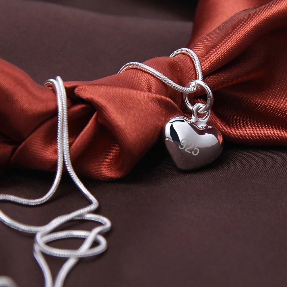 925 Sterling Silver Heart Pendant Necklace Women Snake Chain 16-30 Inch