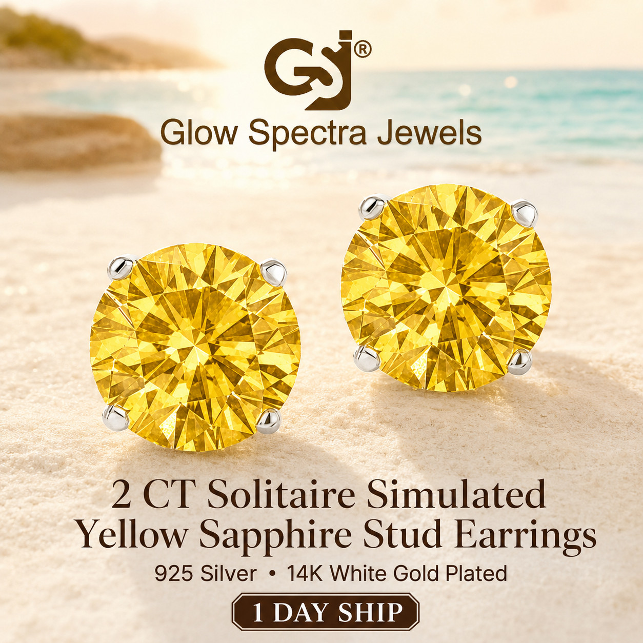 2.00CT Solitaire Yellow Diamond Stud Erring Screw Back 14k White Gold Plated