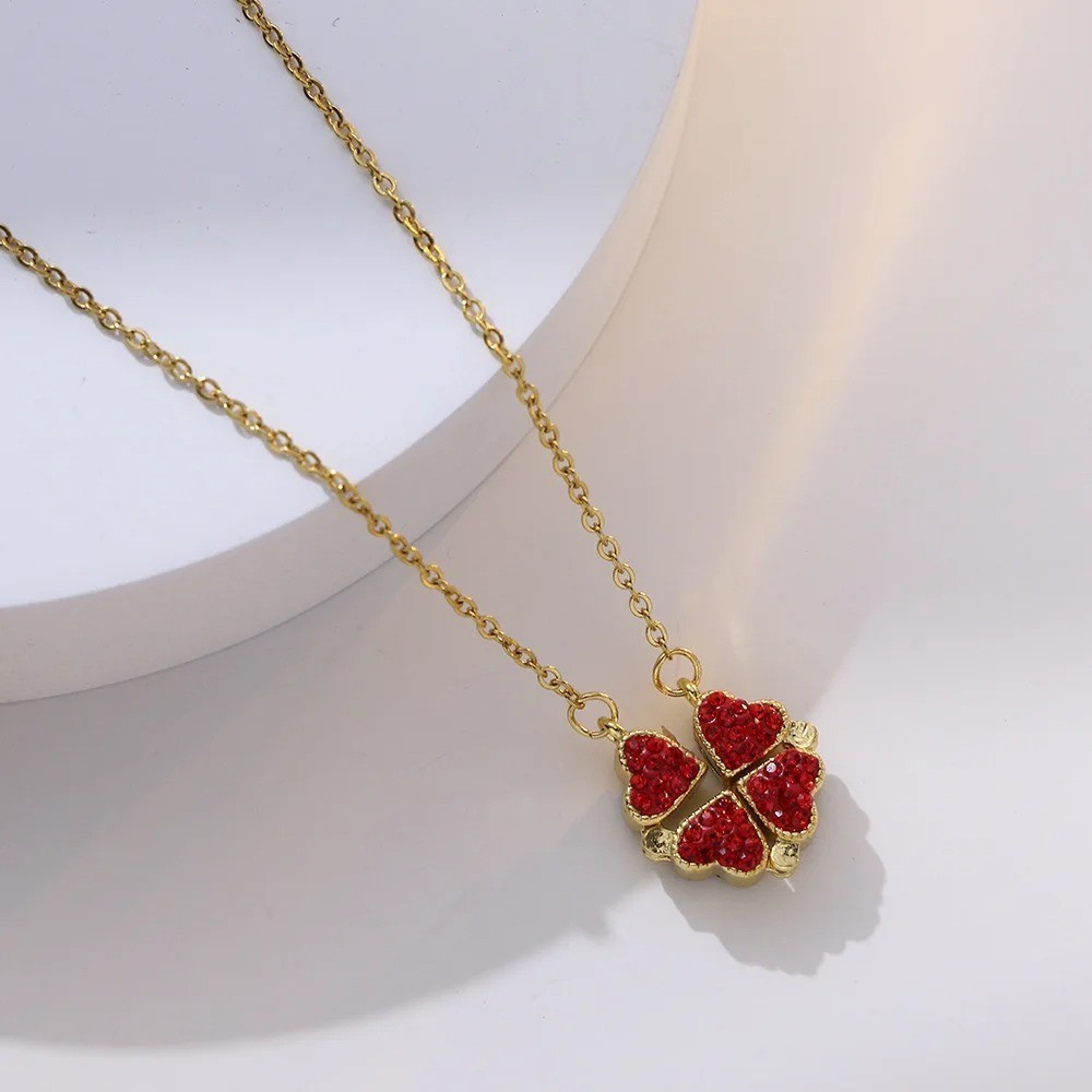 Four Leaf Clover Magnetic Folding Convertible Heart Pendant Necklace