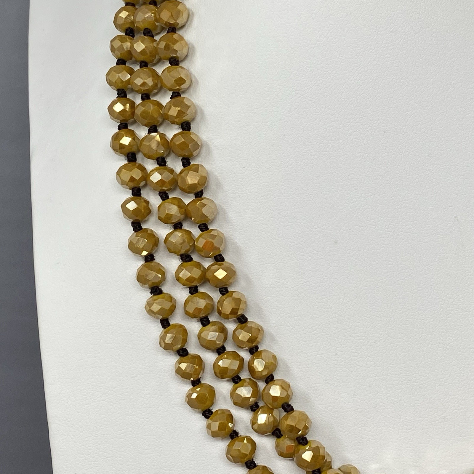 Czech Gold Glass Bead Flapper Necklace Fire Polished Coated Hand Knotted Cord 62
