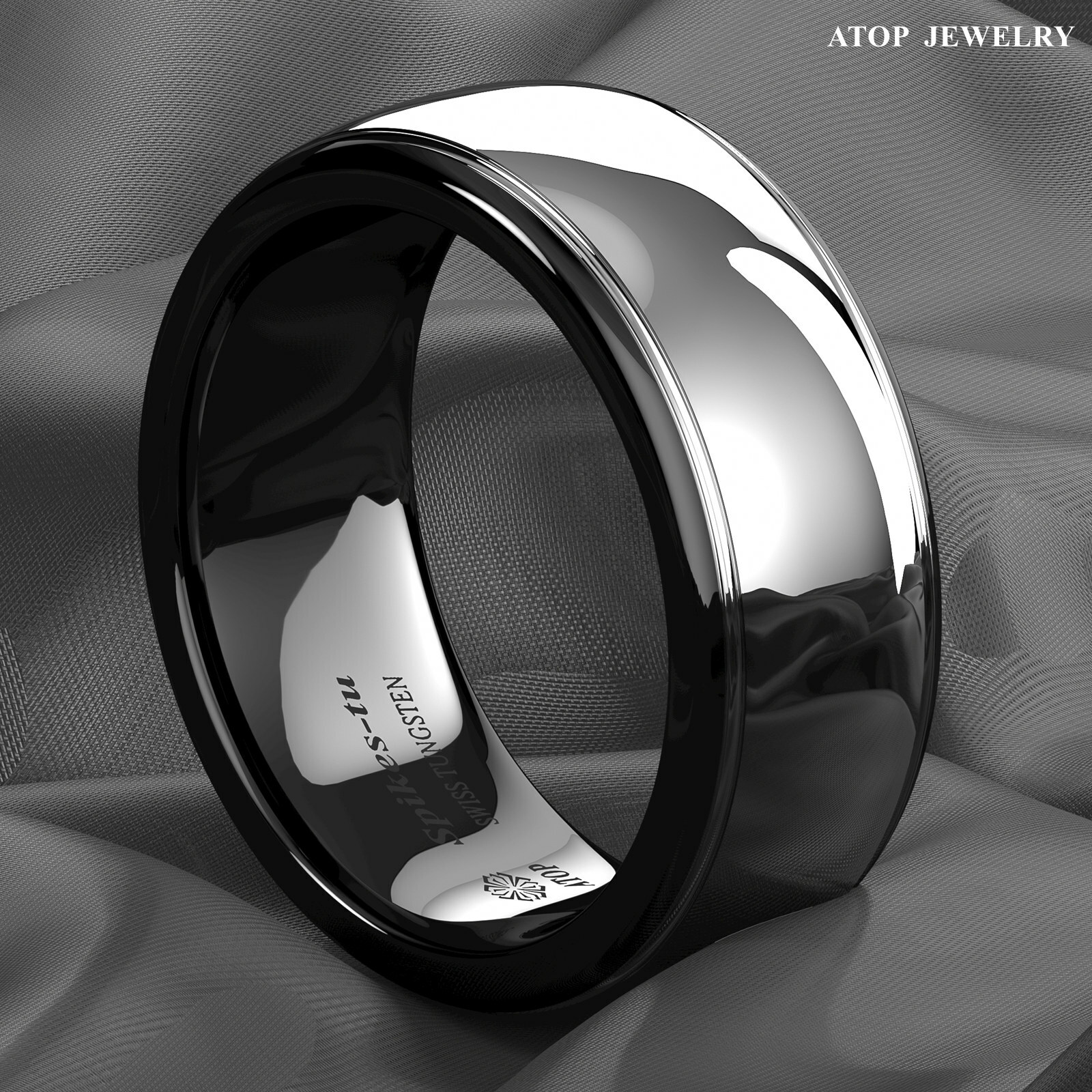 8/6mm Dome Black Silver Center Tungsten Carbide Ring ATOP Wedding Band Bridal