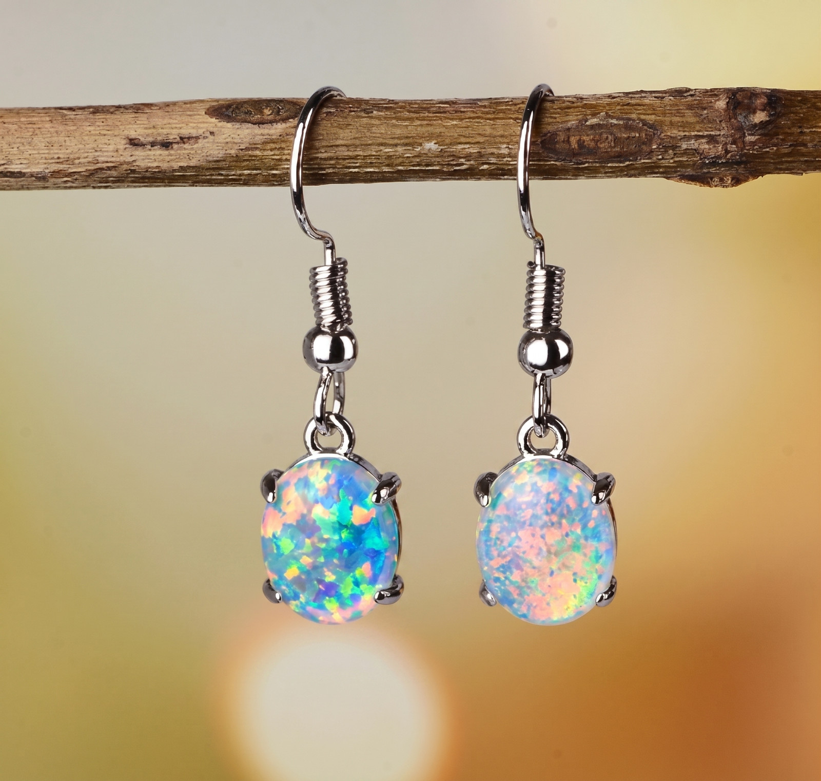 White Opal Dangle Earrings Sterling Silver Plated Fire Opal Drop Earrings