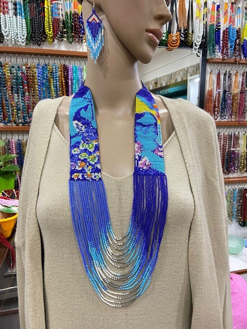 Beautiful Handmade Necklace Seed Bead Boho American Style Netiv Beaded Necklace