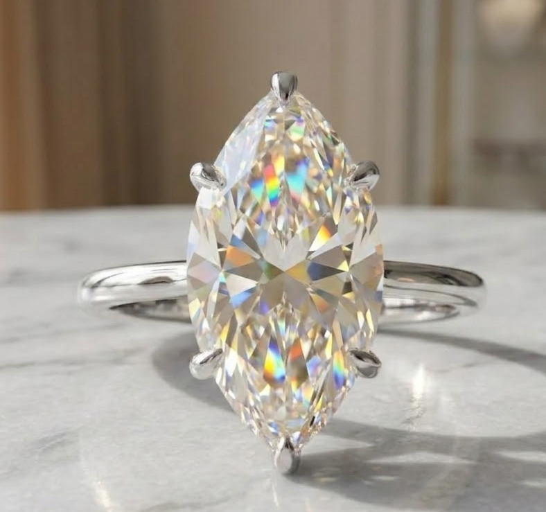 8 CT Certified Marquise Cut White Diamond Ring, Tariffs FREE & Matching Studs.