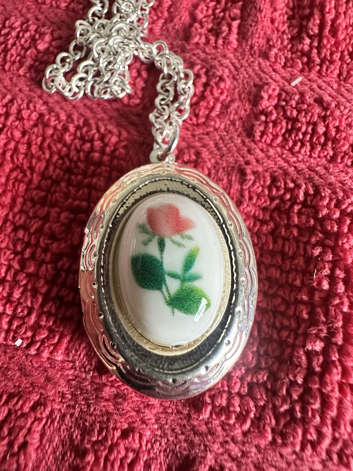 Rose Locket Cameo Silvertone Necklace