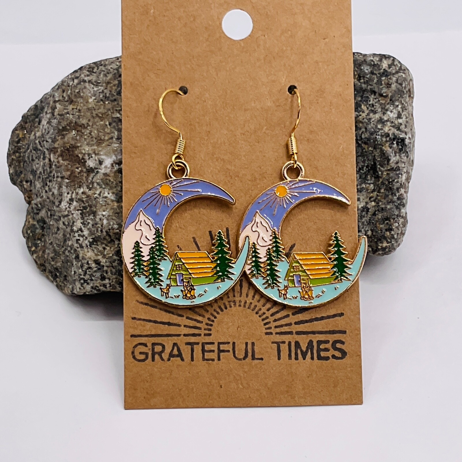 Earrings Nature Outdoors Moon Mountain Camping Jewelry Teacher Gift Hook Dangle