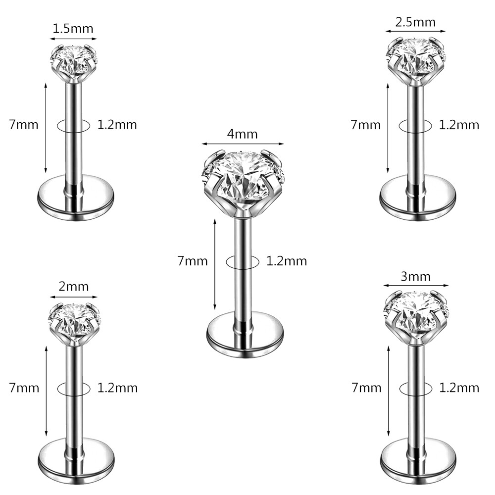 10Pcs Stainless Steel Labret Lip Stud Push in CZ Monroe Ear Helix Conch Piercing