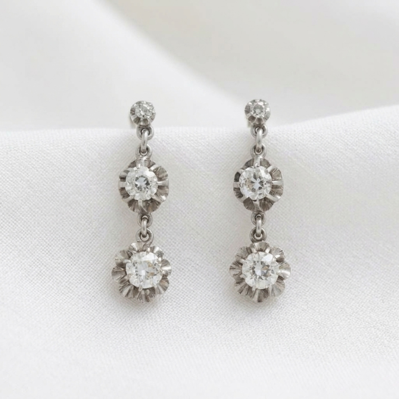 Round Cut Lab Created Diamond 14K Gold Art Deco Three Stone Dangle Drop Earrings