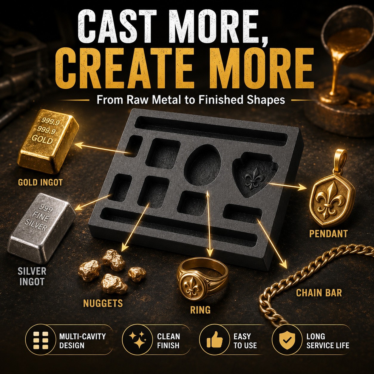 Graphite Ingot Mold 4x4in 11 Cavities Gold Bar Coin Scrap Melting Cast Tool