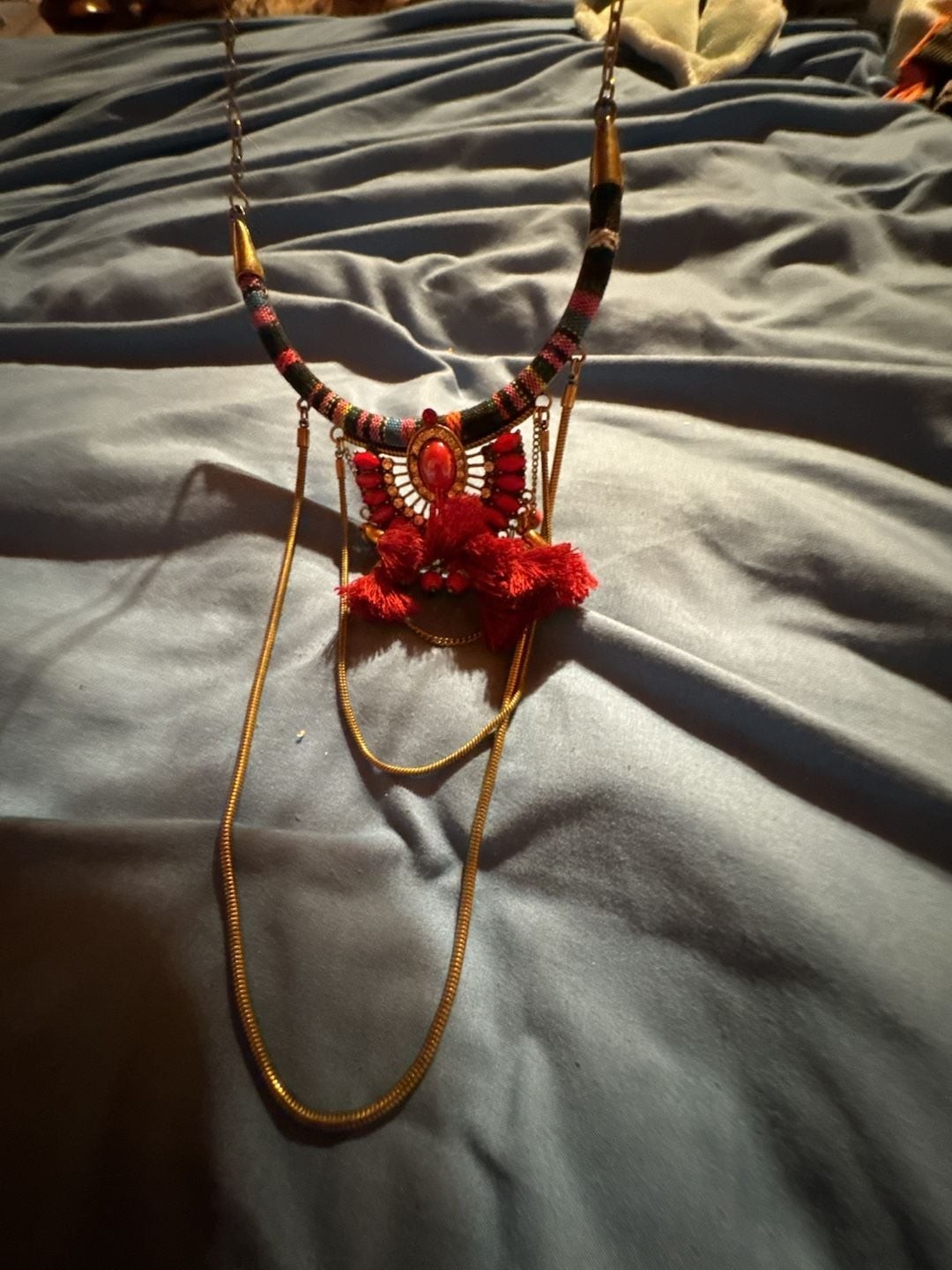 Boho Statement Bib Necklace with Red Tassel and Multi-Color Woven Collar
