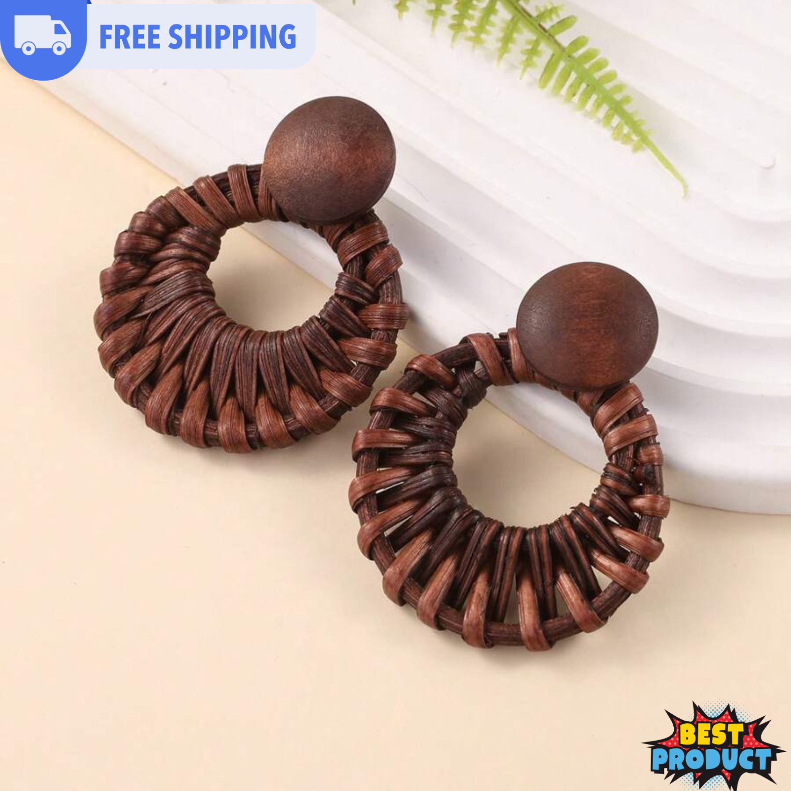 Handmade Earrings Woven Rattan Hollow Circle & Natural Wood Design Ear Studs