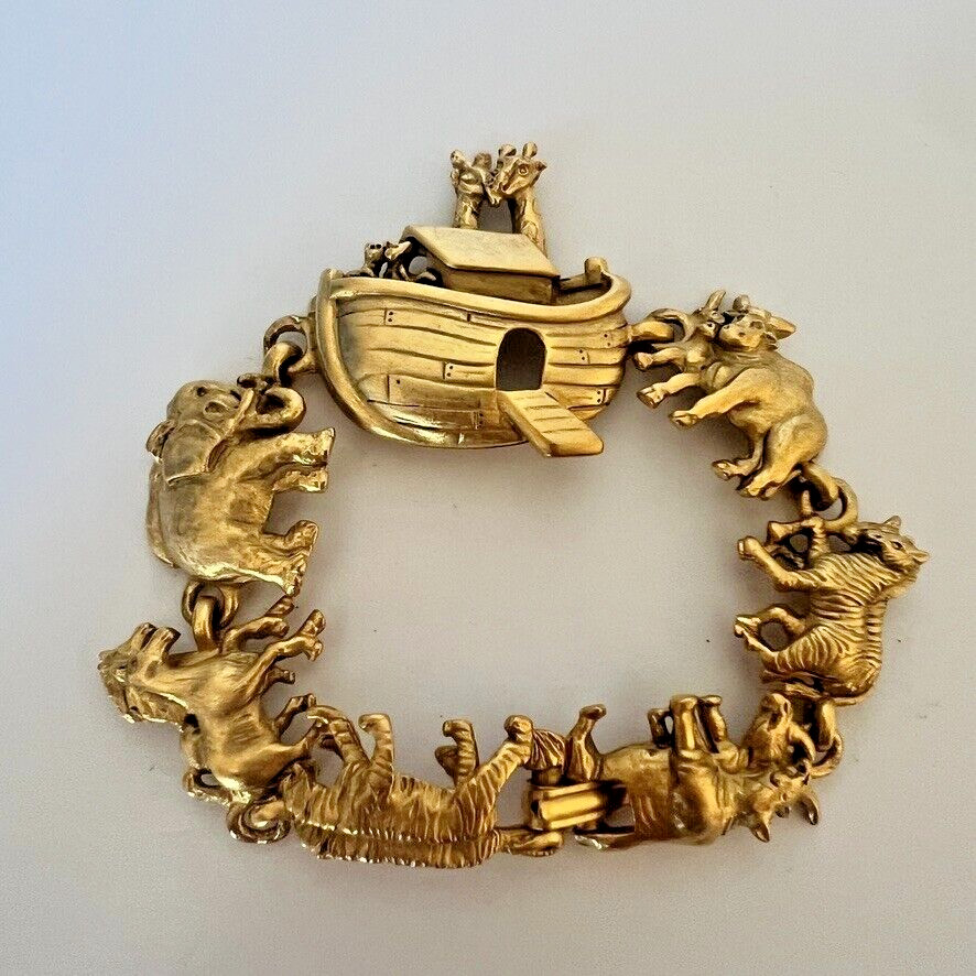 AJC Vintage Noah’s Ark Bracelet Brushed Gold Animals Signed NOS 1980s Noahs 6.5″