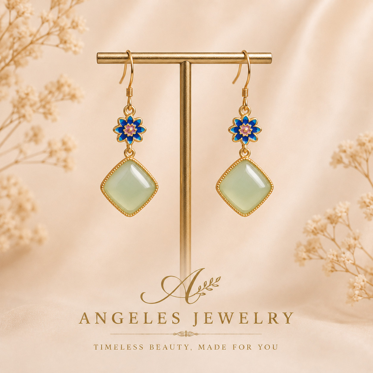 Jade Drop Dangle Earrings Flower Gemstone Boho Minimalist Hook 18K Gold Plated